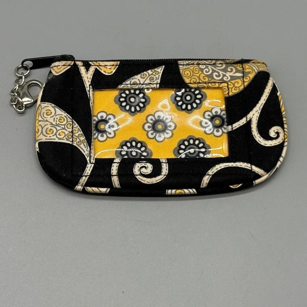 Vera Bradley Night and Day ID Case Keychain Wallet Black Yellow‎ Floral Pouch
